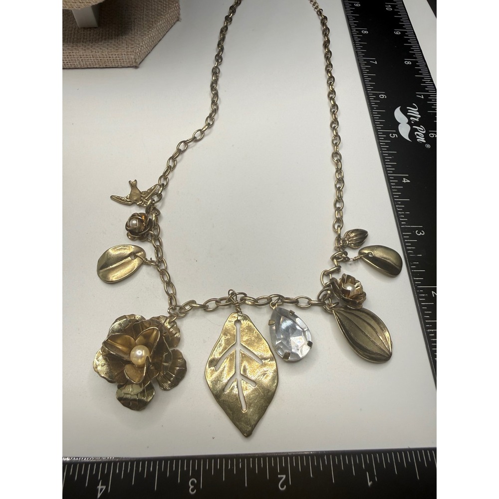 Antique Gold Tone Floral‎ Leaf Bird Charm Necklace Faux Pearl Crystal 18 Inch